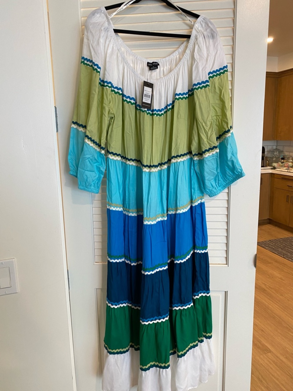 Tiered Maxi Peasant Dress in Blue & Green